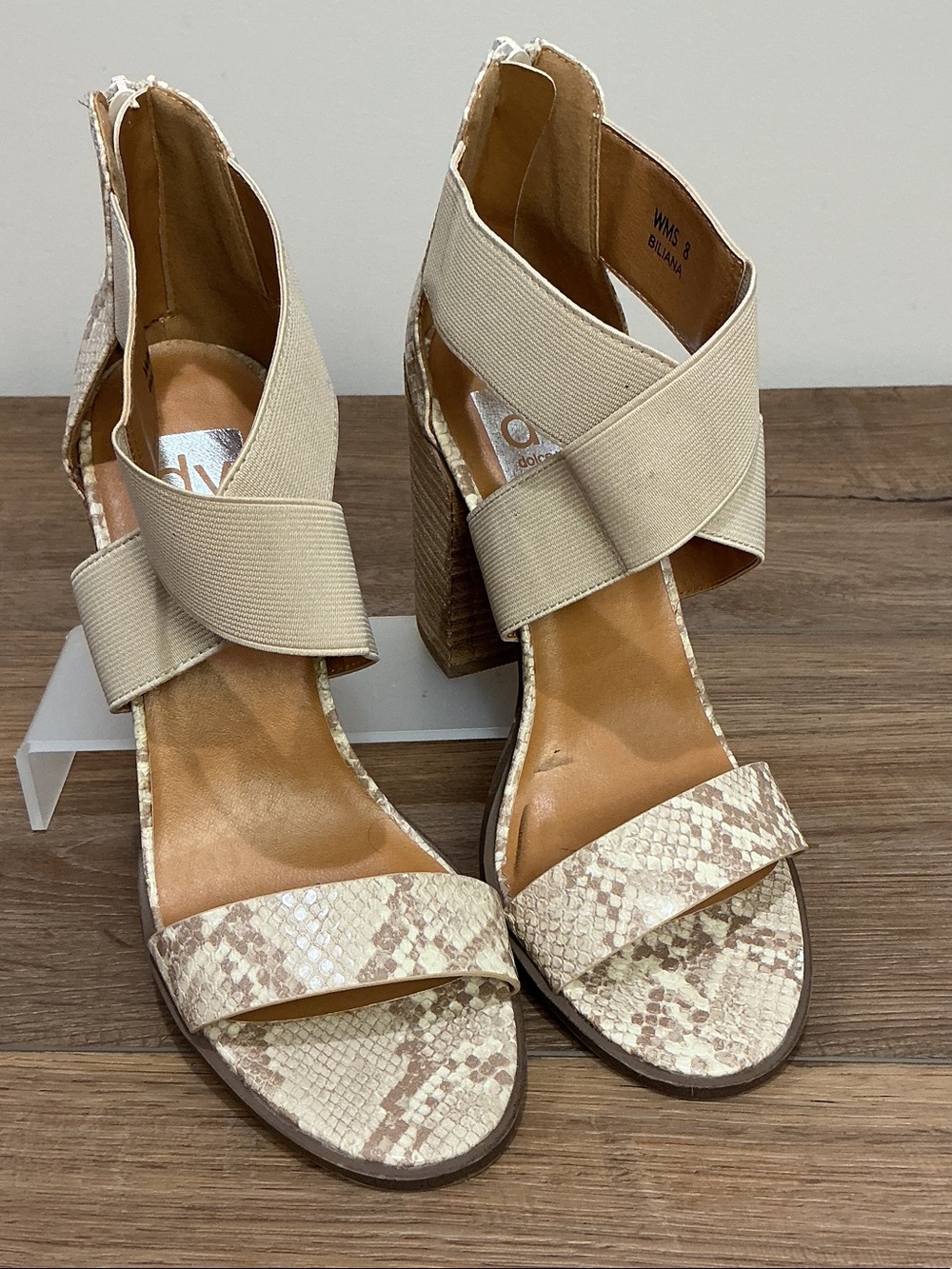 DV by Dolce Vita Cream Snake-Print Block Heel Sandals, Elastic Cross Straps, 8